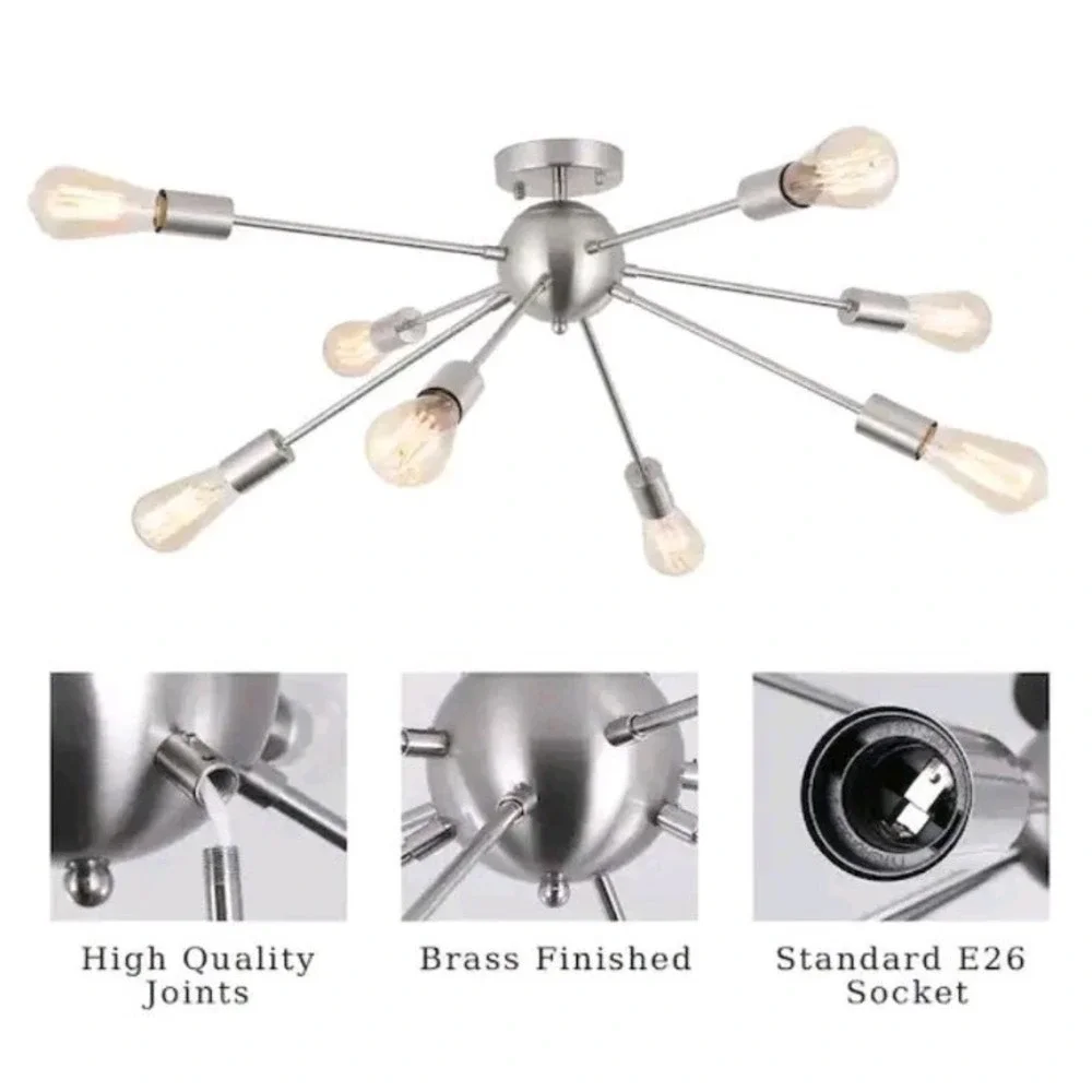 Chandelier Nickel Ceiling Lamp Semi Flush Mount 8-Light Sputnik Light Fixture